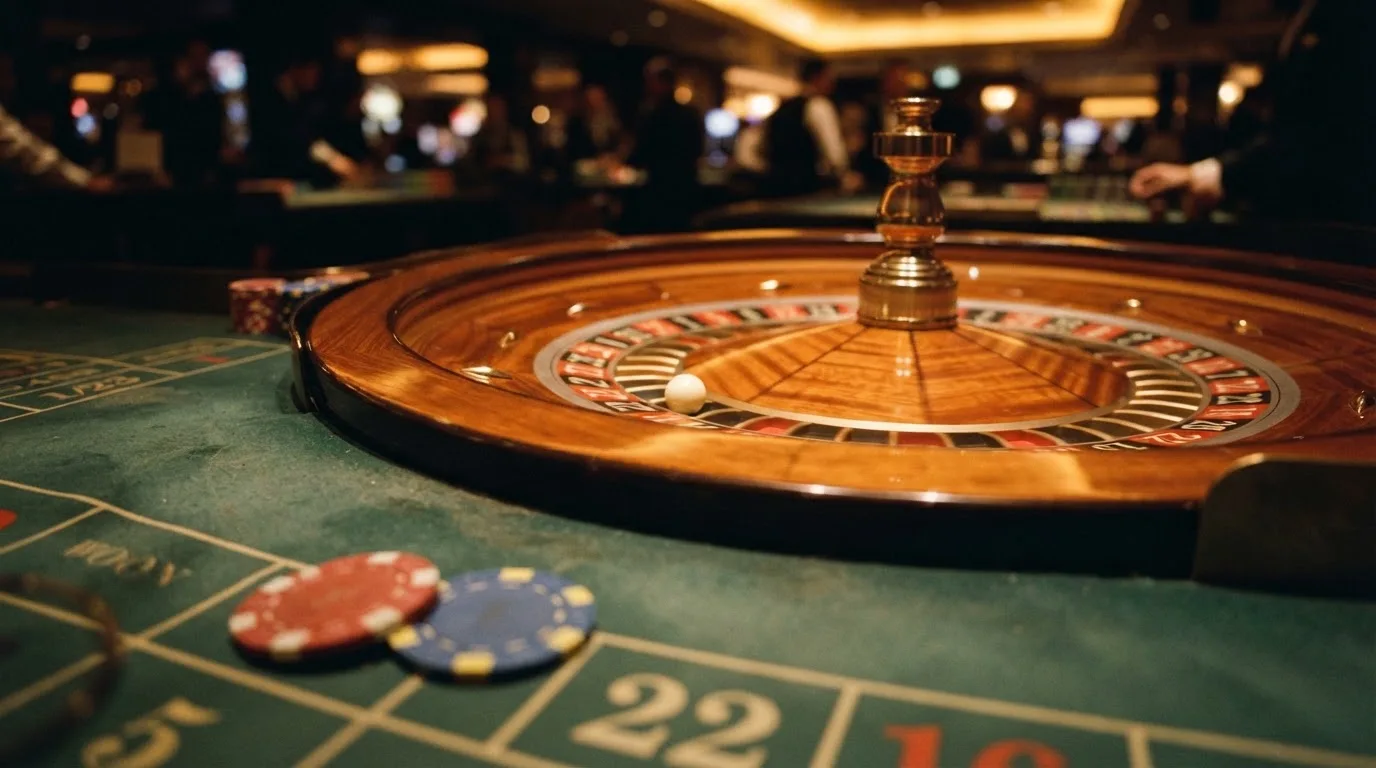 Rulettehjul og sjetonger på grønn filt i varmt kveldslys — 10 kr casinoer i norge