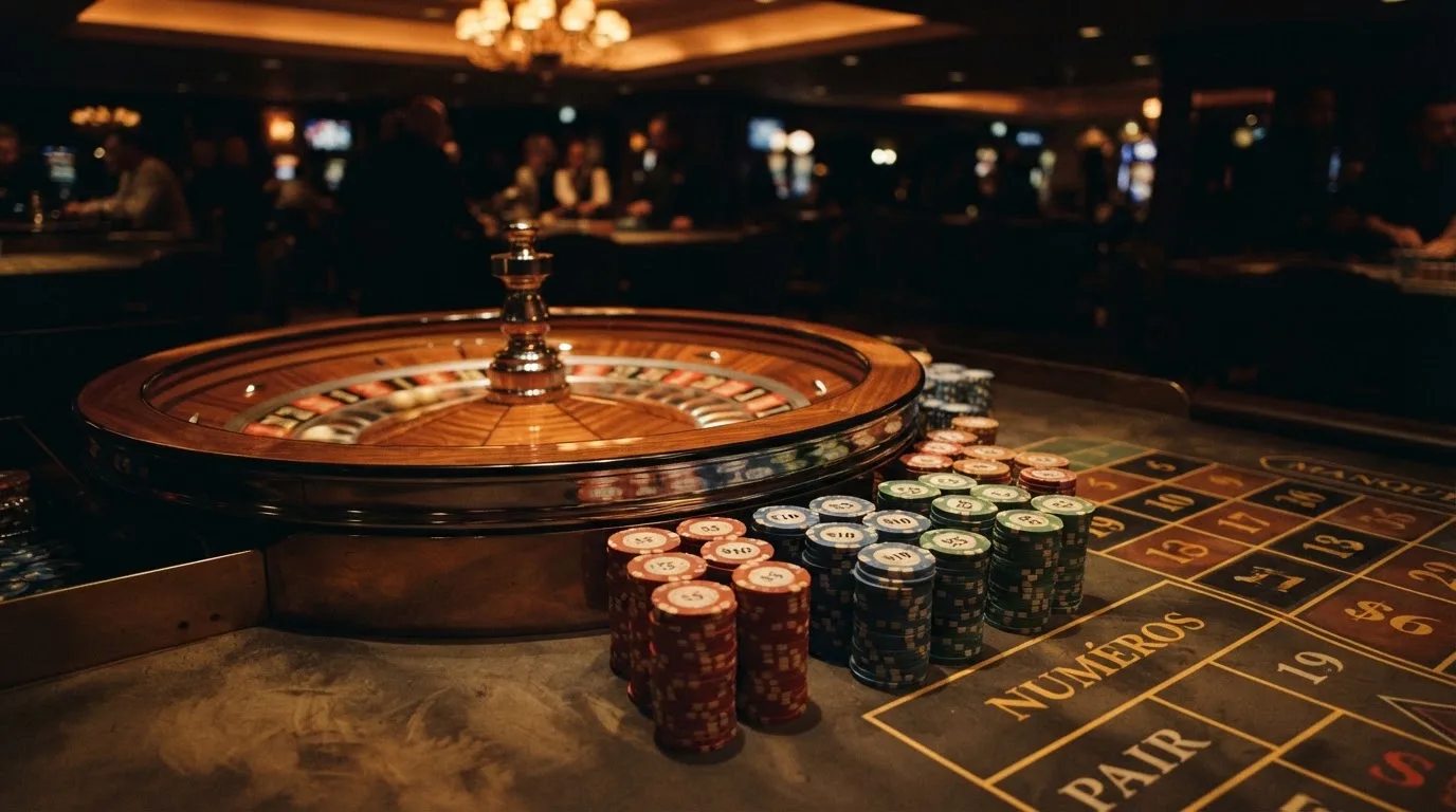 Rulettehjul og sjetonger på grønn filt i varmt kveldslys — 100 kr casinoer i norge