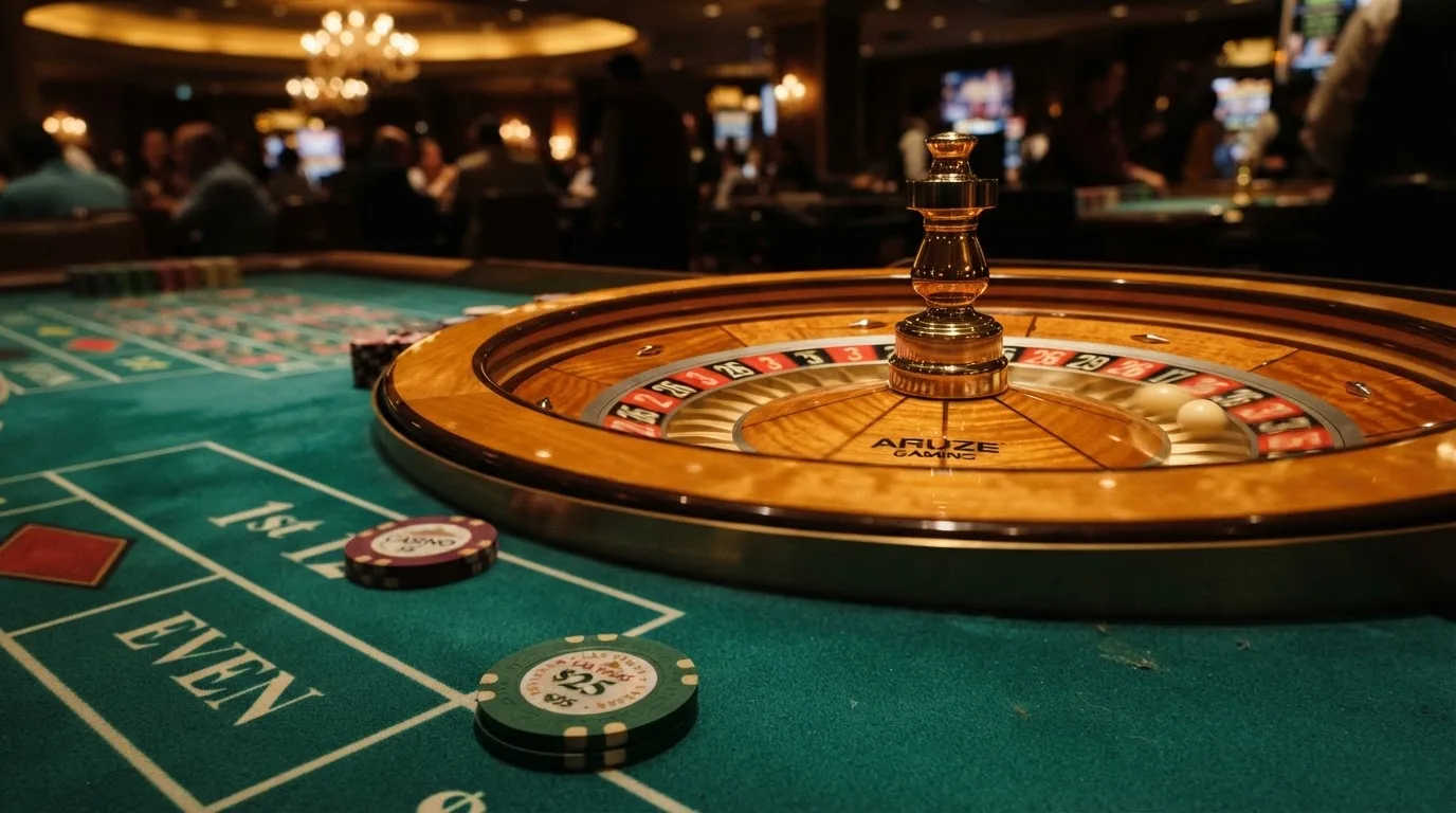 Rulettehjul og sjetonger på grønn filt i varmt kveldslys — 20 kr casinoer i norge