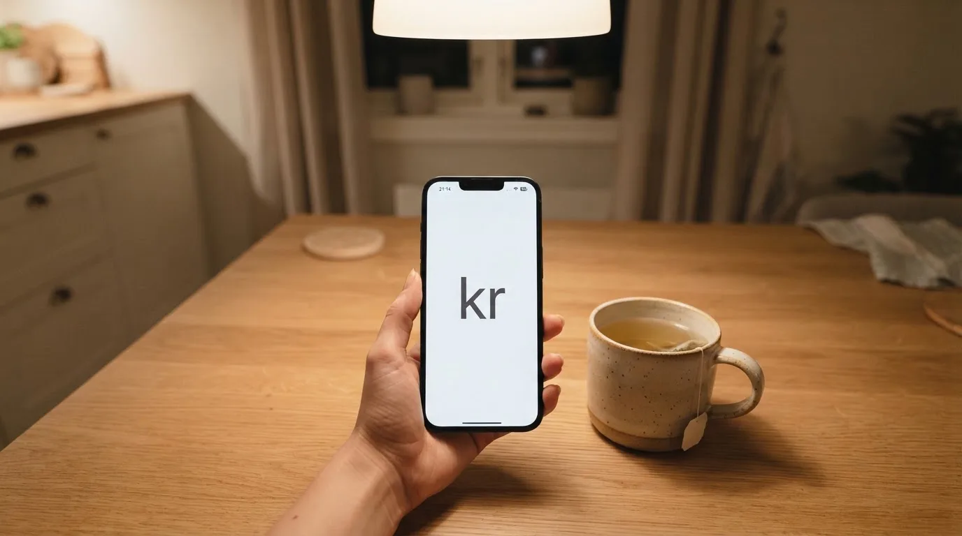 Hånd holder en mobiltelefon ved siden av en kopp te ved et kjøkkenbord en rolig kveld — alle kasinoer i norge