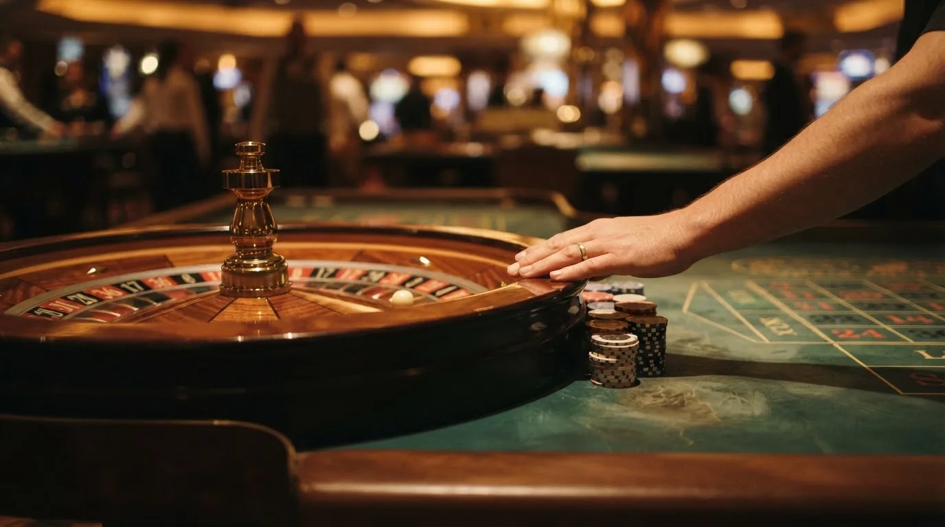 Rulettehjul og sjetonger på grønn filt i varmt kveldslys — beste blackjack i norge