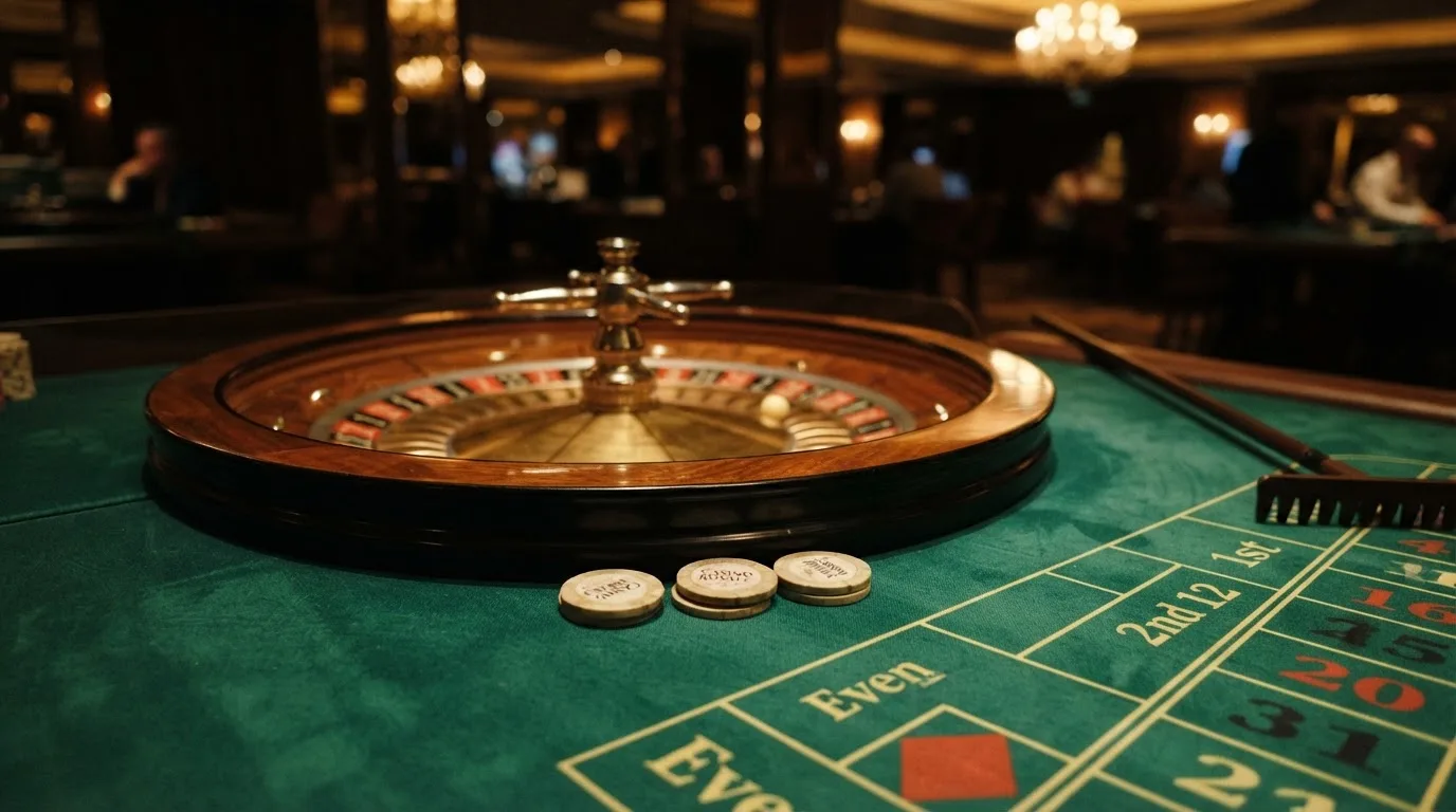Rulettehjul og sjetonger på grønn filt i varmt kveldslys — beste bonuser på norske casinoer