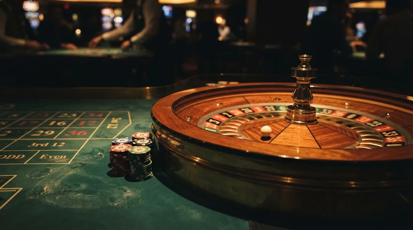 Rulettehjul og sjetonger på grønn filt i varmt kveldslys — beste casino spilleautomater