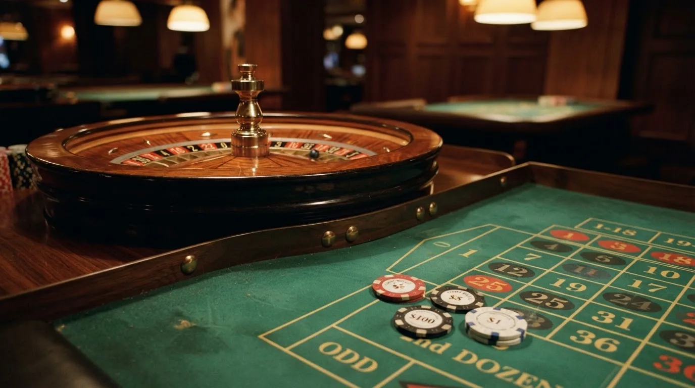 Rulettehjul og sjetonger på grønn filt i varmt kveldslys — beste casinobonuser i norge