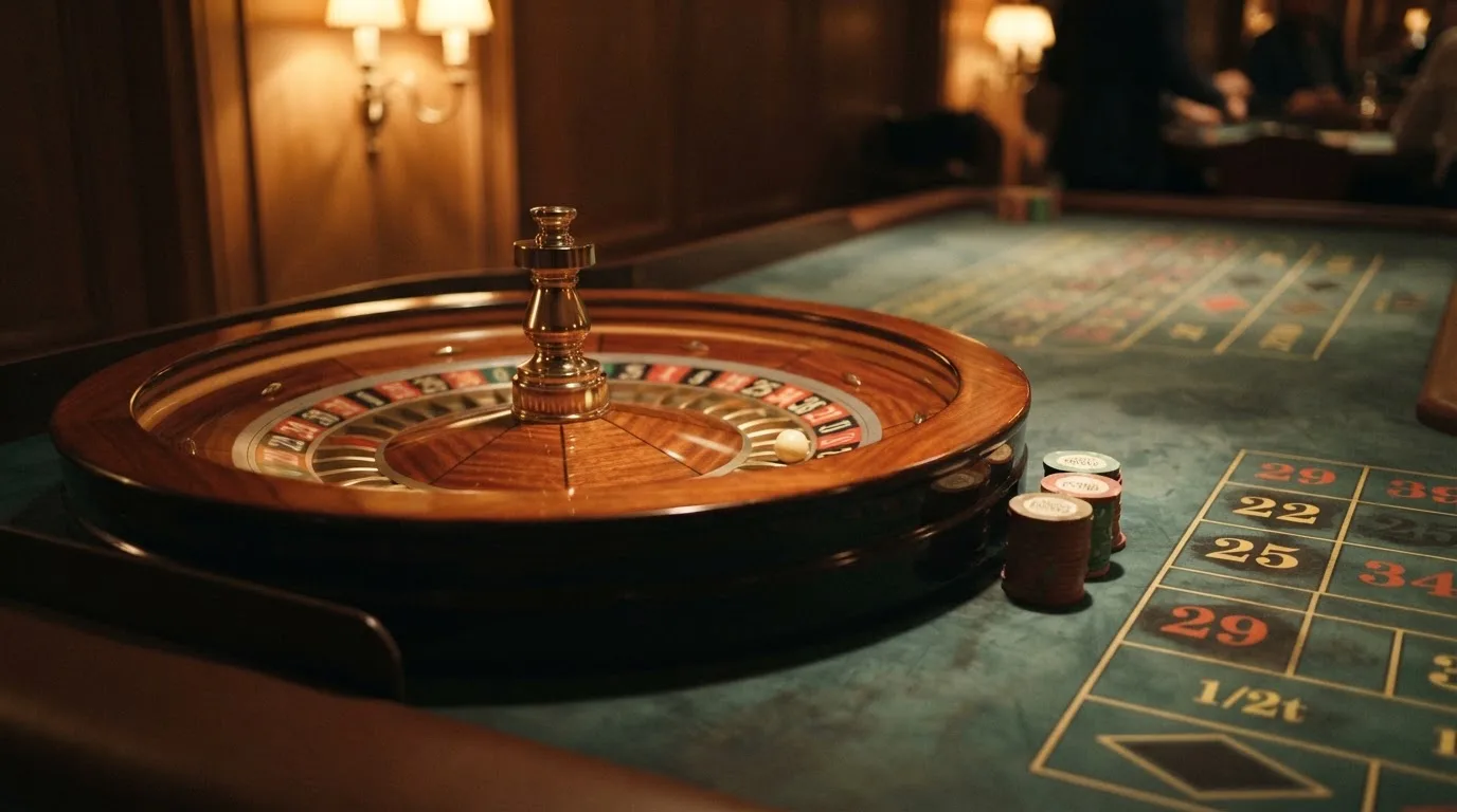 Rulettehjul og sjetonger på grønn filt i varmt kveldslys — beste casinoer med baccarat