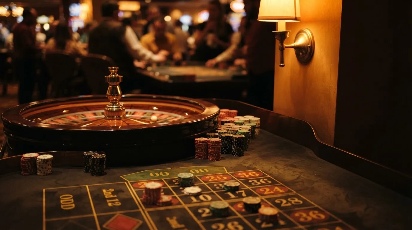 Rulettehjul og sjetonger på grønn filt i varmt kveldslys — beste casinoer med bingo