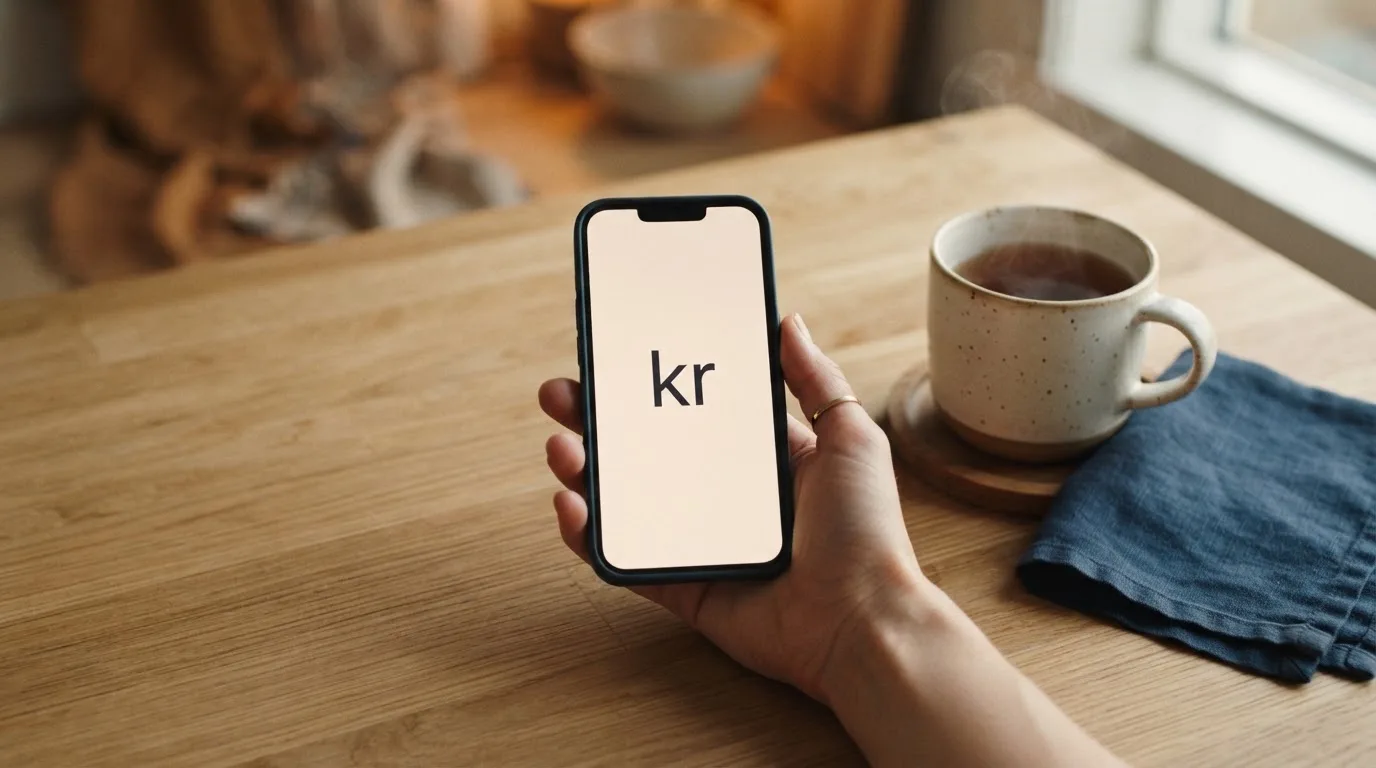 Hånd holder en mobiltelefon ved siden av en kopp te ved et kjøkkenbord en rolig kveld — beste utenlandske casinoer