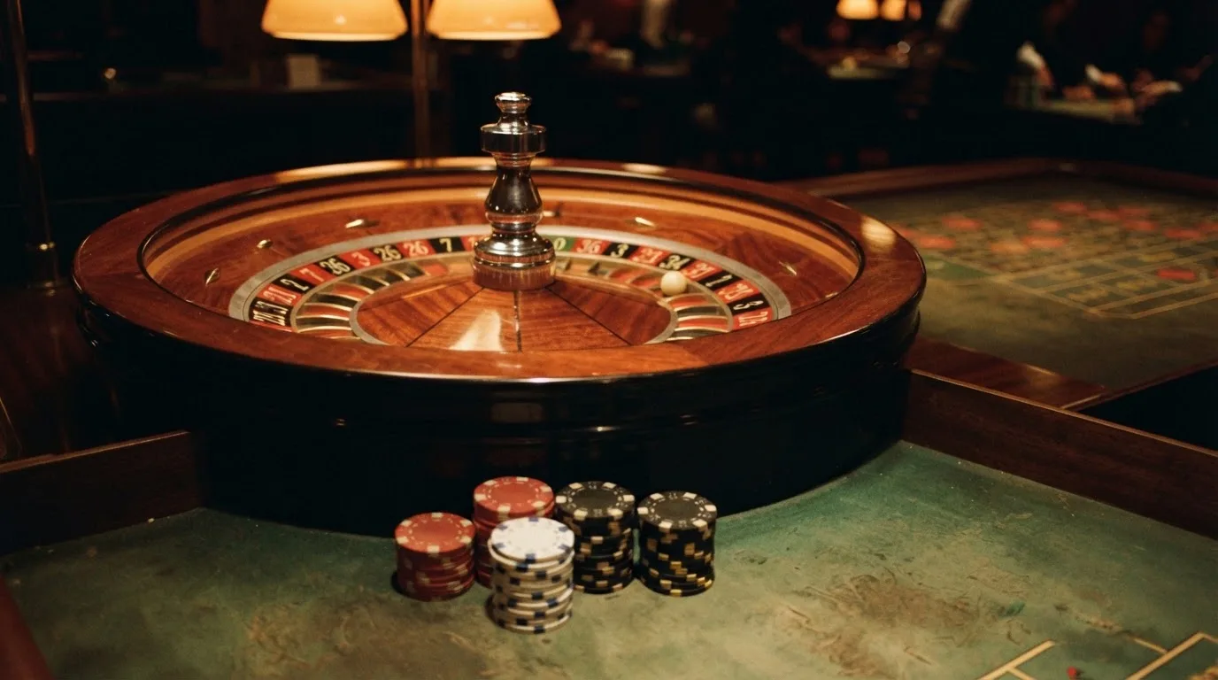 Rulettehjul og sjetonger på grønn filt i varmt kveldslys — bonuser på nettcasino