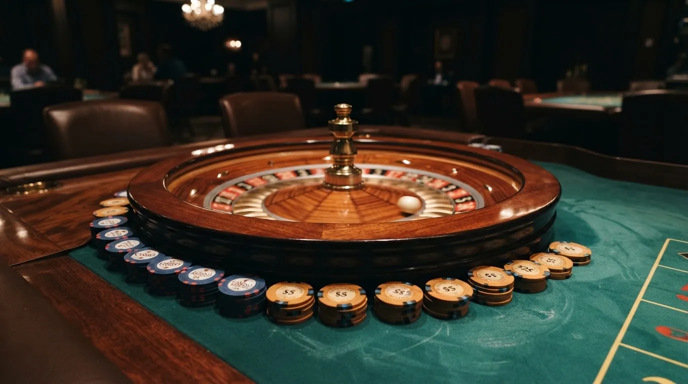 Rulettehjul og sjetonger på grønn filt i varmt kveldslys — casino slots in norway