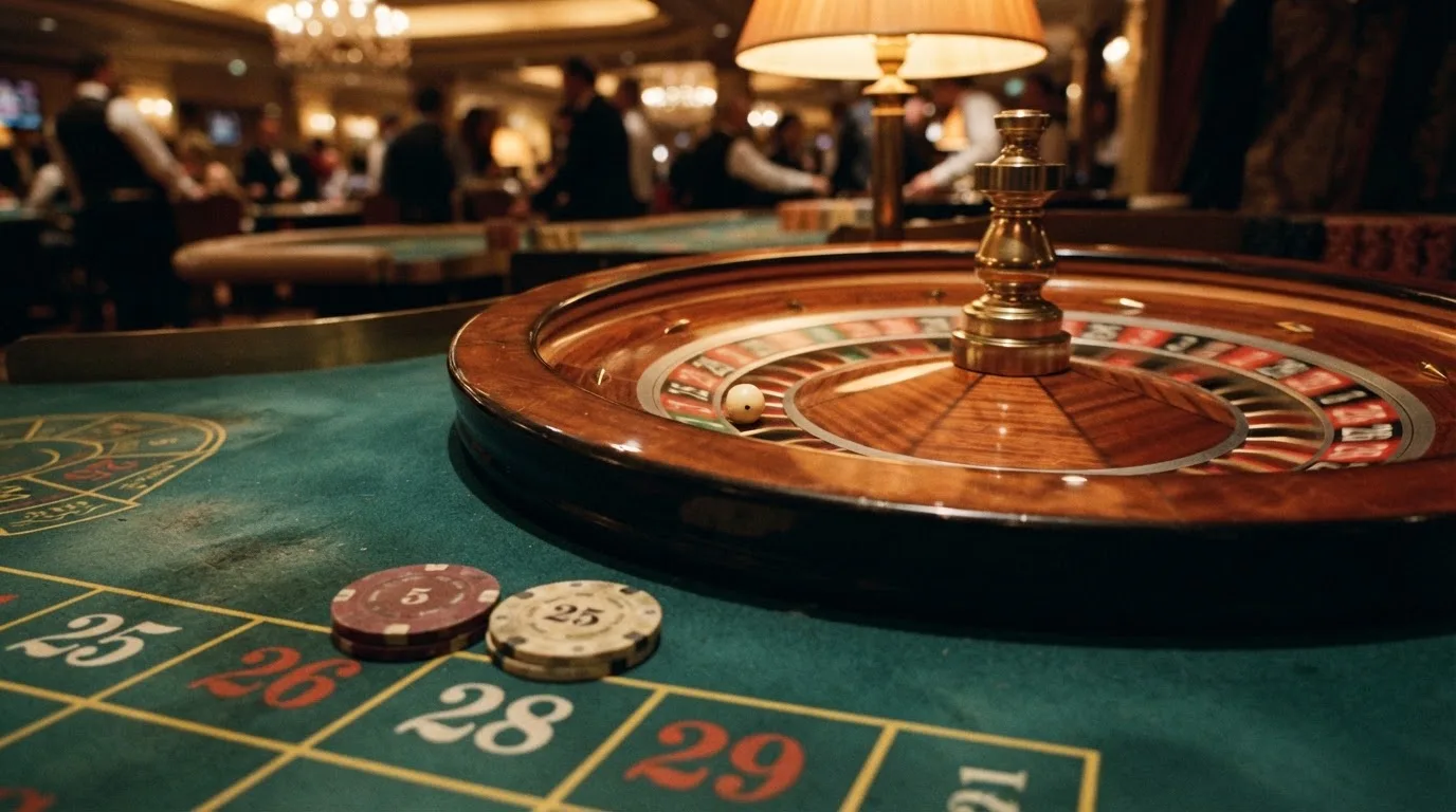 Rulettehjul og sjetonger på grønn filt i varmt kveldslys — casino tipping i norge