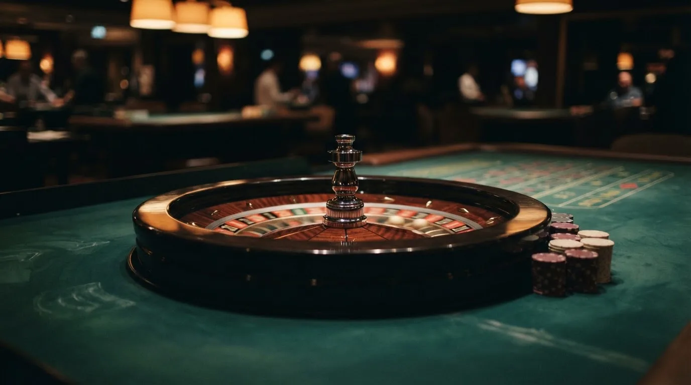 Rulettehjul og sjetonger på grønn filt i varmt kveldslys — casino uten lisens i norge