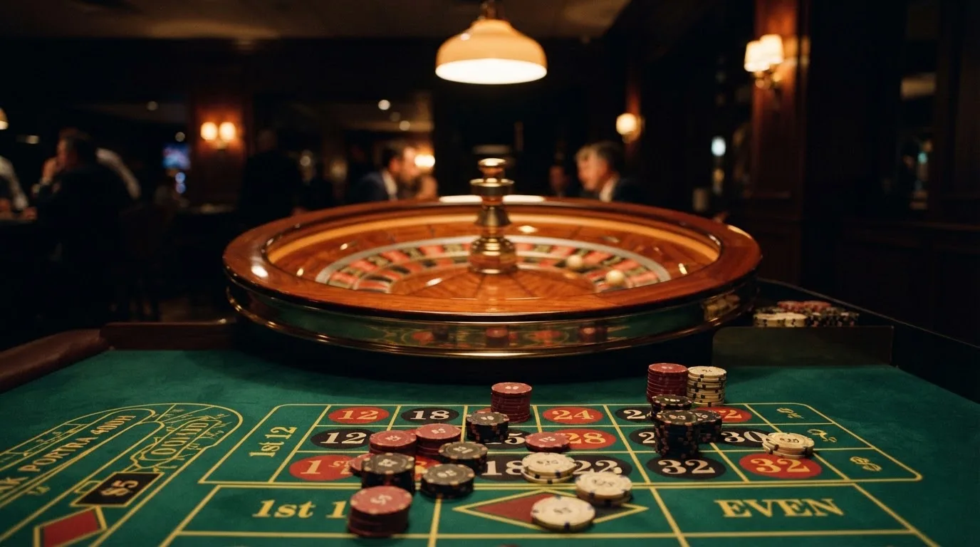Rulettehjul og sjetonger på grønn filt i varmt kveldslys — casinoer med bitcoin i norge