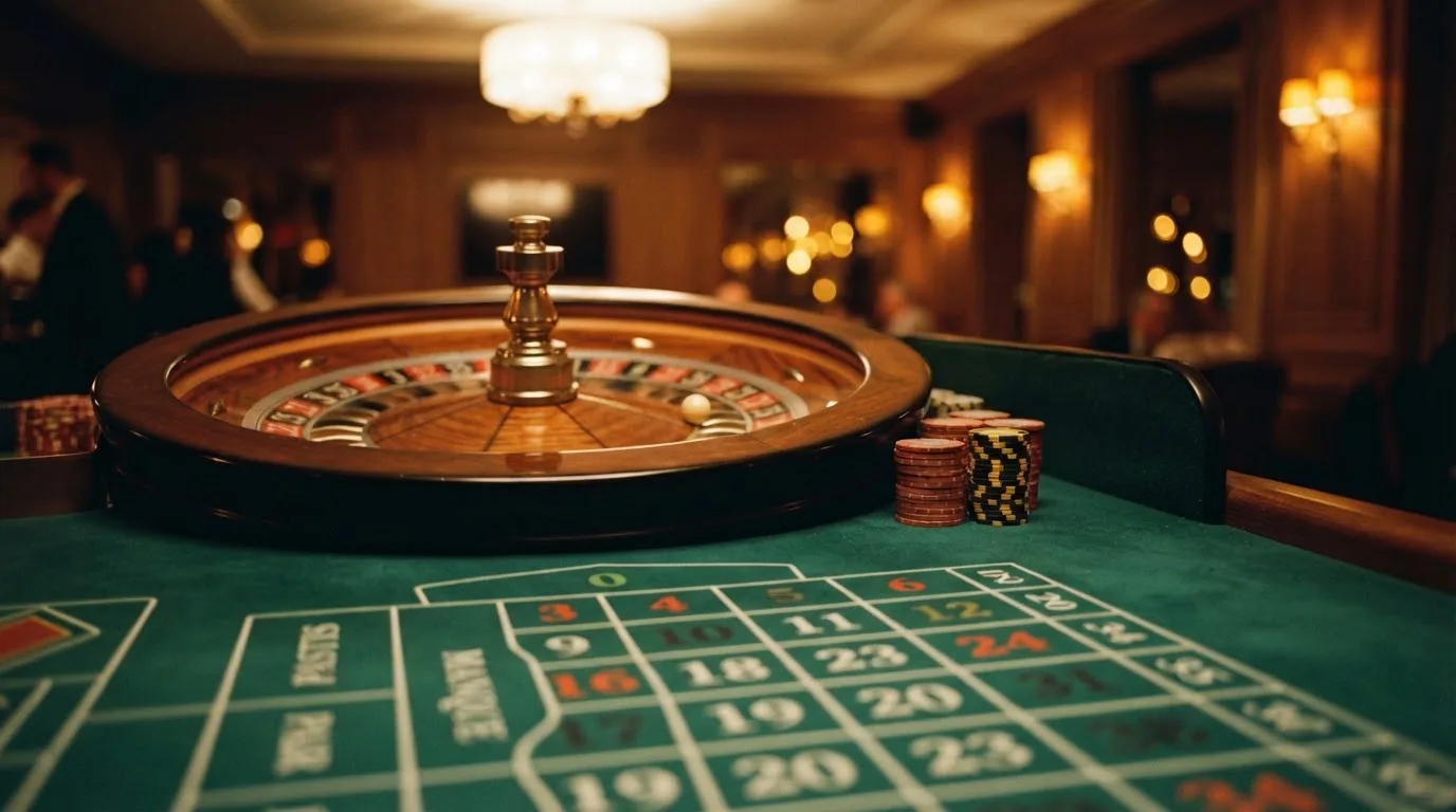 Rulettehjul og sjetonger på grønn filt i varmt kveldslys — casinoer med dogecoin i norge