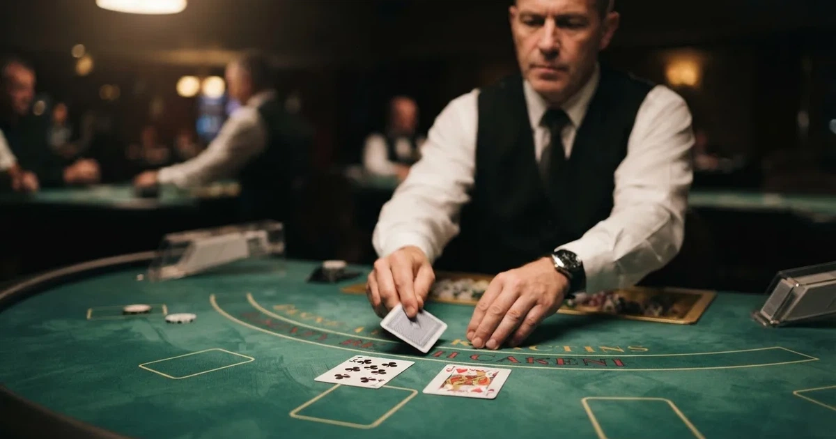 Profesjonell dealer i mørk vest som deler ut kort ved et grønt bord i et rolig studio, ingen skilt synlige