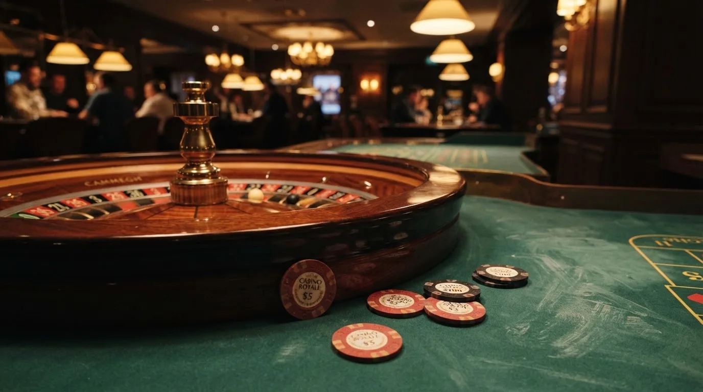 Rulettehjul og sjetonger på grønn filt i varmt kveldslys — live roulette in norway