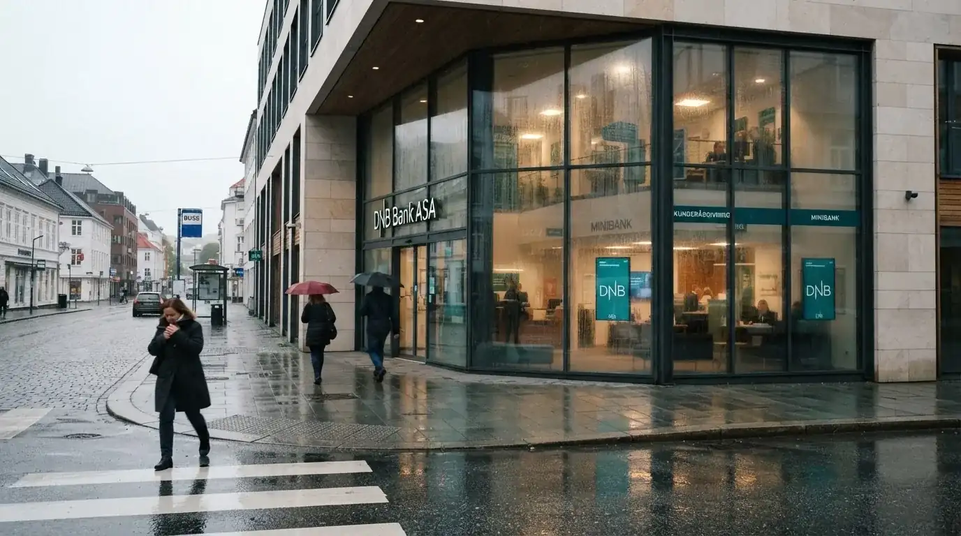 Bankfilial med store vinduer i en norsk by i regnvær, noen med paraplyer utenfor