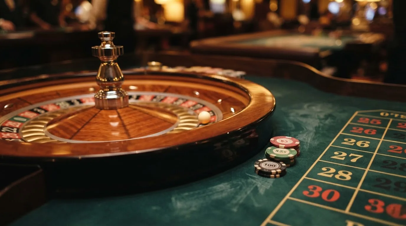 Rulettehjul og sjetonger på grønn filt i varmt kveldslys — norske casinoer på android