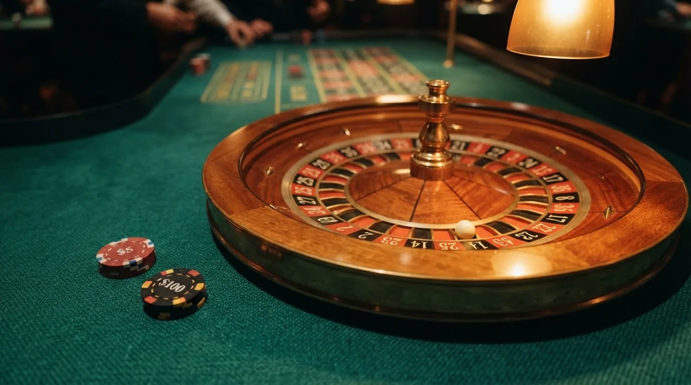 Rulettehjul og sjetonger på grønn filt i varmt kveldslys — norske casinoer på ios