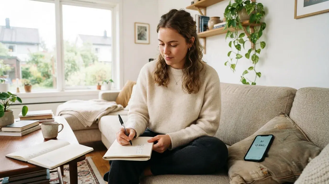 Student som sitter med en mobil og en notatblokk i et kollektivt rom med lyse vegger og planter