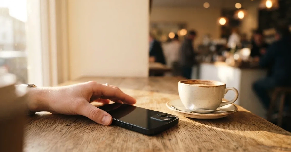 Hånd som holder en smarttelefon med mørk skjerm over et trebord i en lys kafé, kaffekopp ved siden av