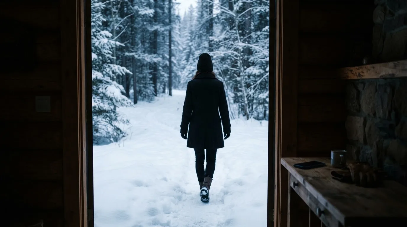 Kvinne som legger fra seg telefonen og går ut på en snødekt sti i skogen, rolig vinterlys